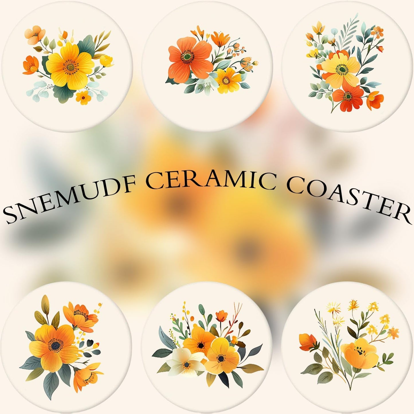 Boho Set of 6 Coasters for Drinks Absorbing Round Ceramic Stone Coaster with Cork Base,Tabletop Protection Mat for Mugs and Cups,Office,Kitchen (Yellow Flower)