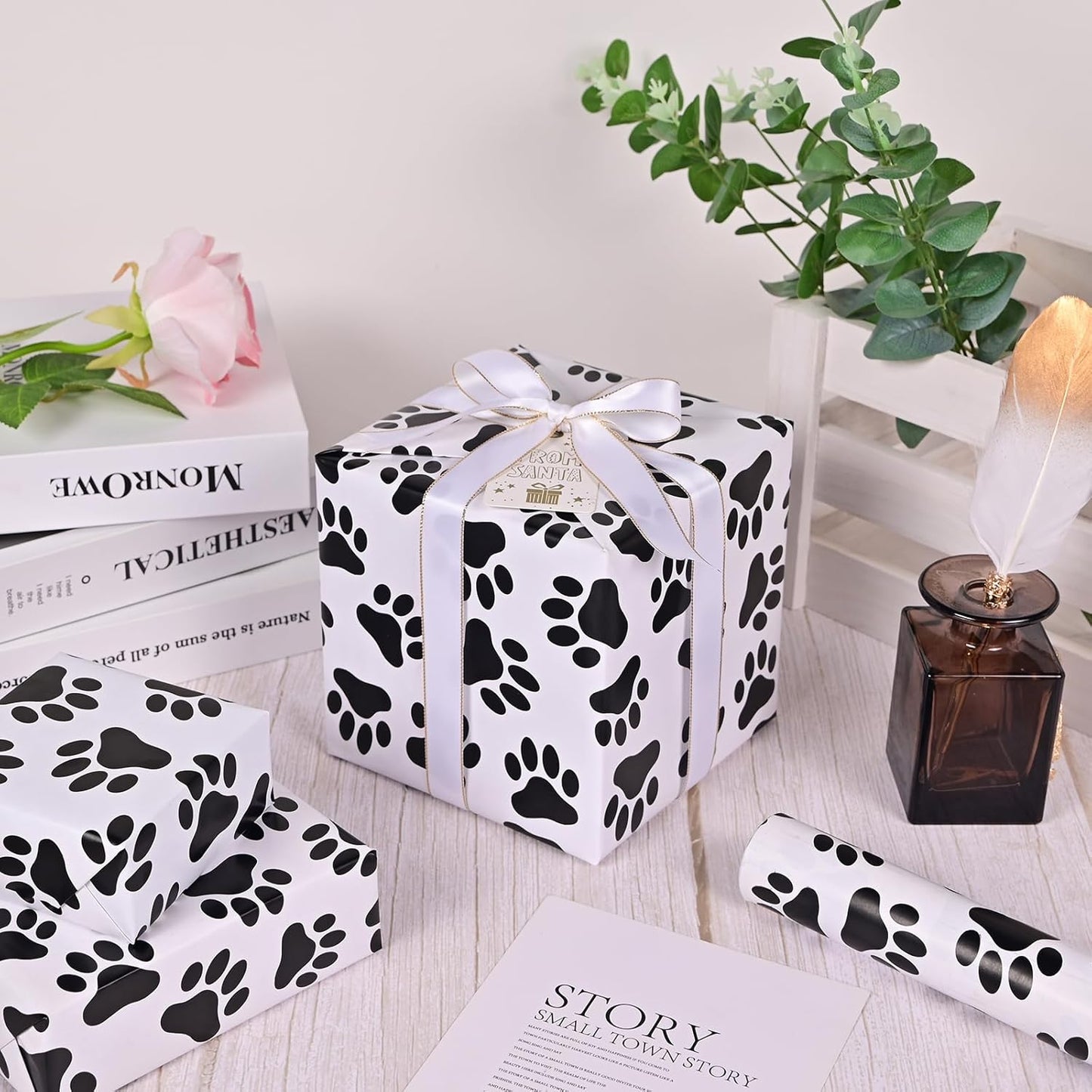 Vnaeem Paw Wrapping Paper Roll - Mini Roll - 17 Inch X 33 Feet - Dog Cat Wrapping Paper for Birthday, Baby Shower,Christmas, Holiday, New Year, Party, Celebration