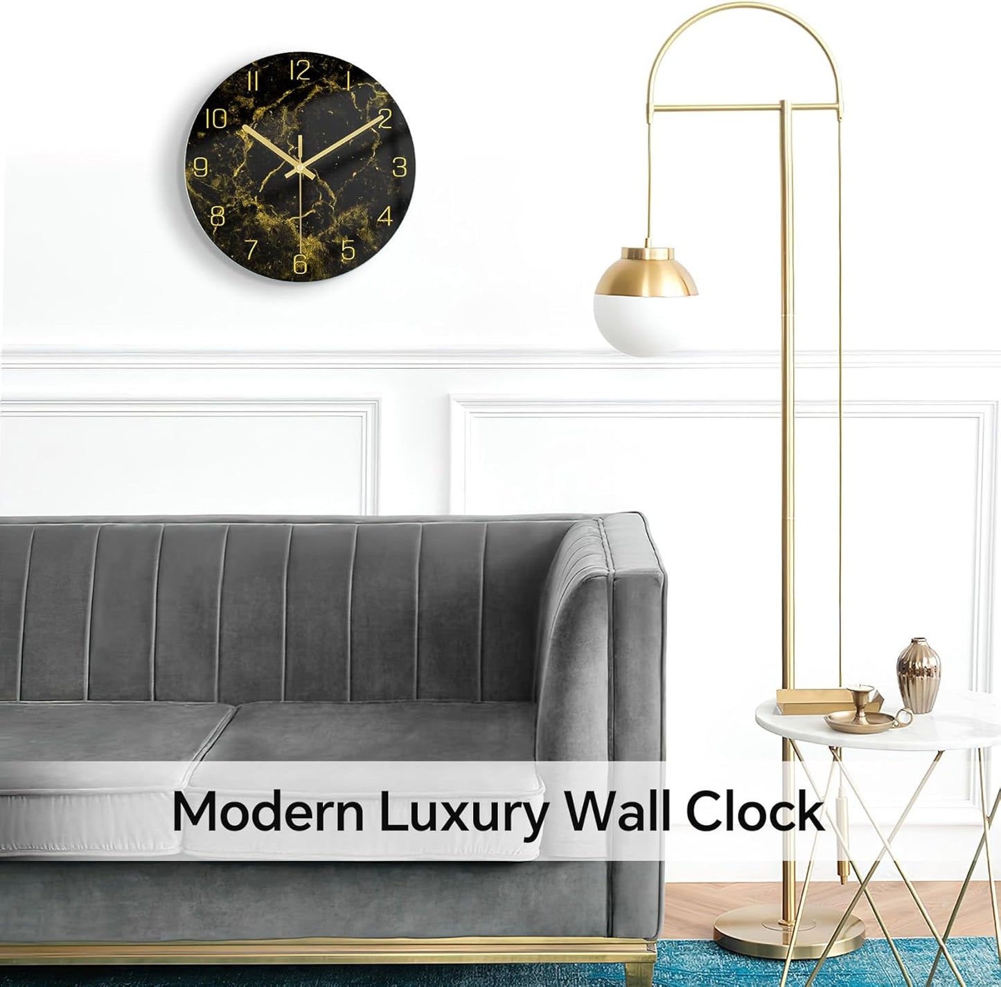 VIKMARI Black Modern Marble Texture Clock Gold Hands Rustic Kitchen Decor 12 Inch Wall Clock Battery Operated Non-Ticking Large Round Quartz Golden Decorative for Office Bedroom, Living Room