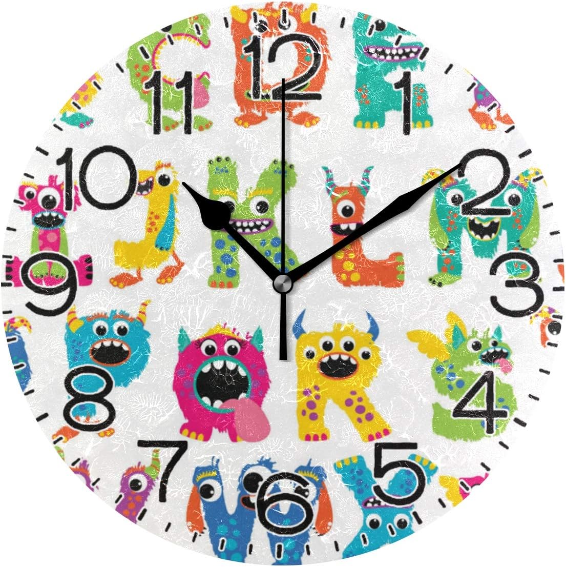Funny Monster Alphabet Wall Clock Battery Operated Non Ticking Silent Quartz Analog Rustic Farmhouse Round Clock Retro Decor for Home Kitchen Living Room Bathroom