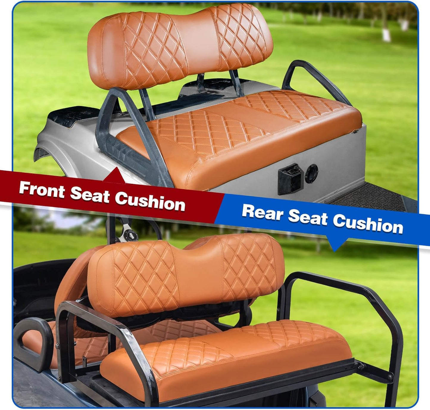 NOKINS 4PCS Golf Cart Diamond Seat Covers Kit, Front and Rear Seat Covers Fits Club Car DS 2000.5-Up Standard Seat Cushion, Club Car DS Vinyl Seat Covers Accessories (All Brown)