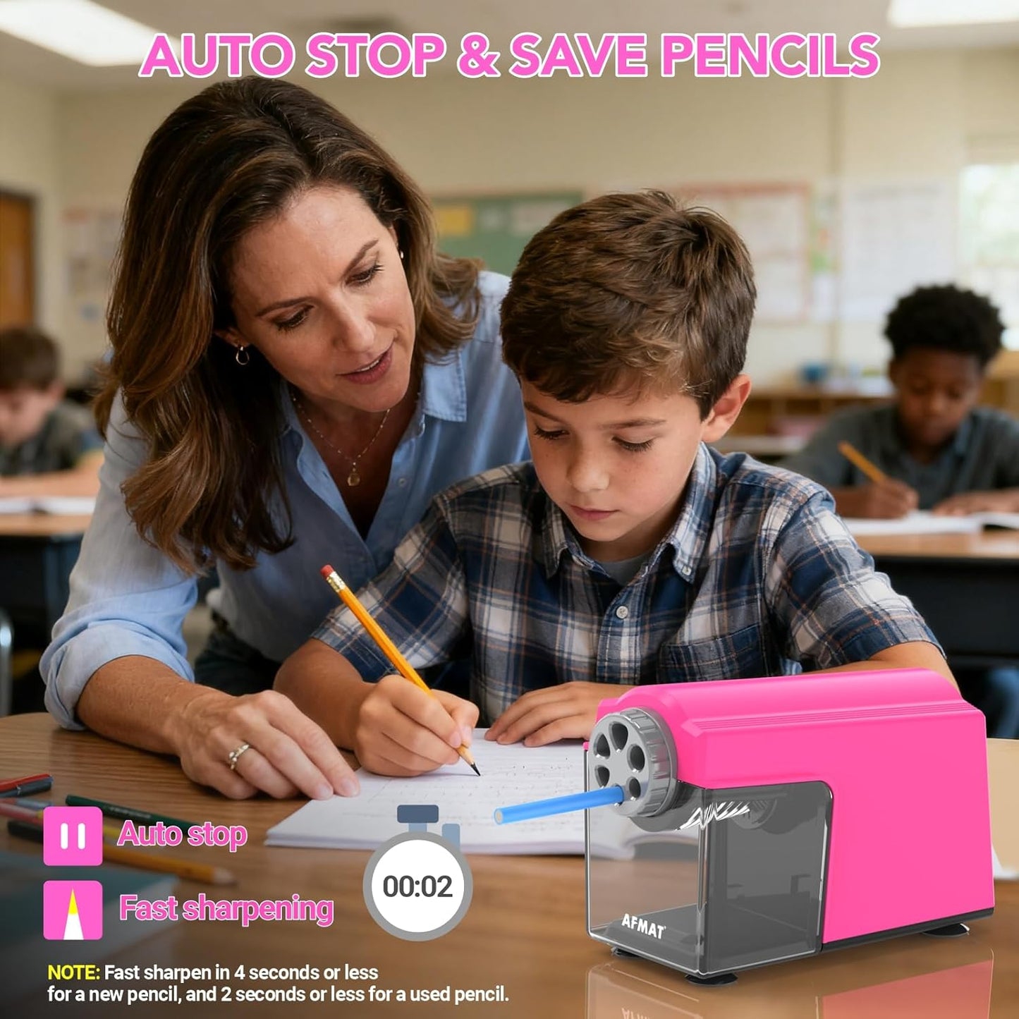 AFMAT PSD4 Electric Pencil Sharpener Heavy Duty, 6 Holes, Cordless & Rechargeable, Super Fast, Auto Stop, 10K+ Uses, Classroom Pencil Sharpener for 6-11mm No.2/Large/Colored Pencils, Pink