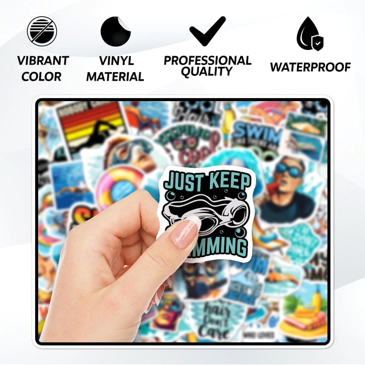 108 PCS Swimming Stickers, Waterproof Vinyl Swim Stickers Pack for Water Bottles, Laptop, Scrapbook, Helmet, Cell Phone, Luggage, Swim Team Gift