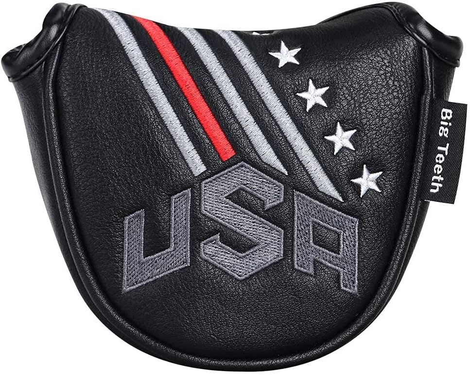 Big Teeth Golf Cover USA Stripe and Star Headcover Covers, Driver Fairway Wood Hybrid Headcovers Fits Blade Mallet Putter Iron and Woods with Magnetic Club Protector Pu Leather Golf Accessories