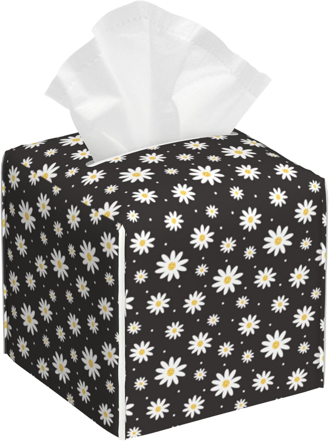 White Daisy Flowers Tissue Box Cover Square,Vintage Groovy Daisies Tissue Box Holder Waterproof Leather Facial Paper Organizer Dispenser for Bathroom Home Car Nightstand Vanity Desk