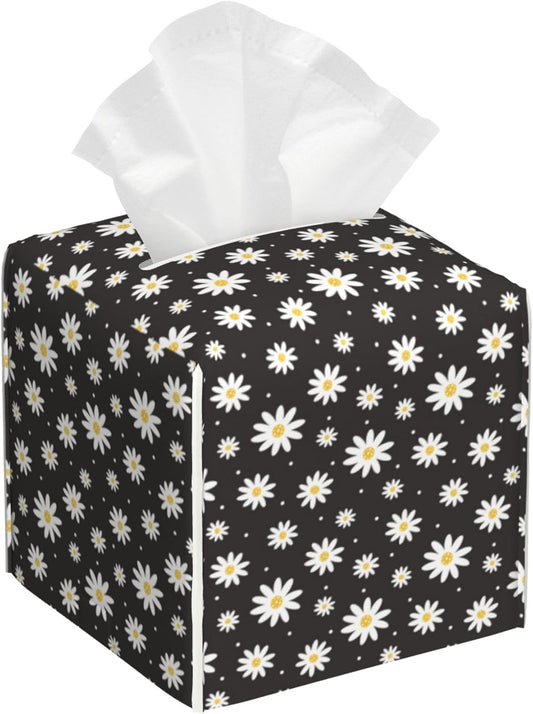 White Daisy Flowers Tissue Box Cover Square,Vintage Groovy Daisies Tissue Box Holder Waterproof Leather Facial Paper Organizer Dispenser for Bathroom Home Car Nightstand Vanity Desk