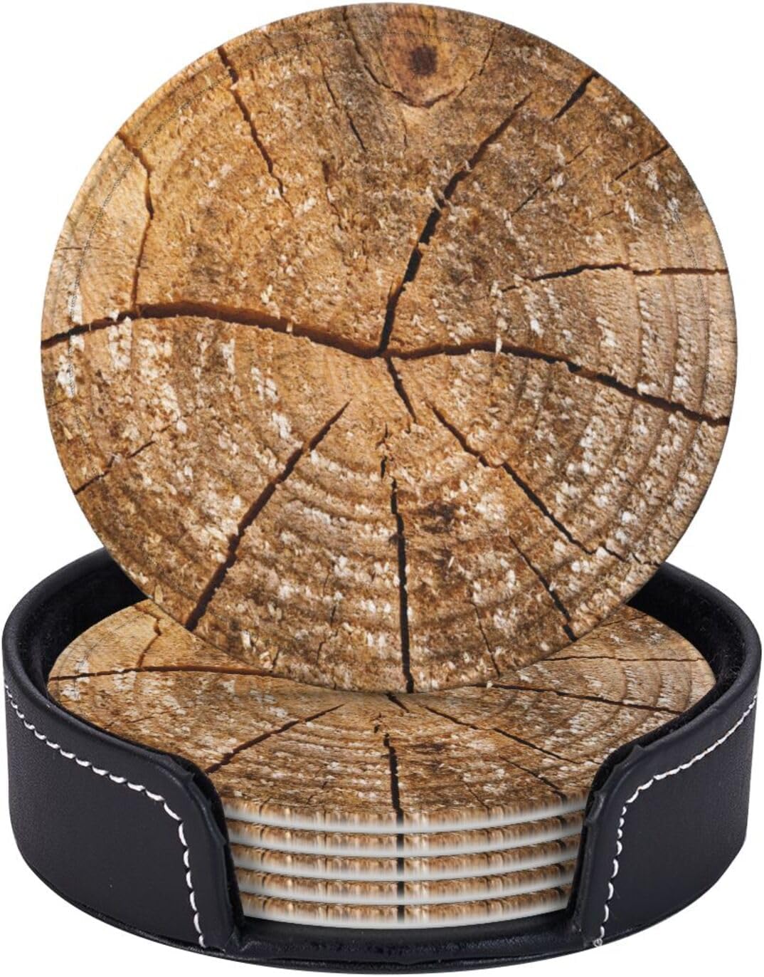 Tree Rings Wooden Old Wood Rustic Coasters for Drinks Round Leather Coaster with Holder Set of 6 for Tabletop Protection Desk Accessories Office Home Room Decor