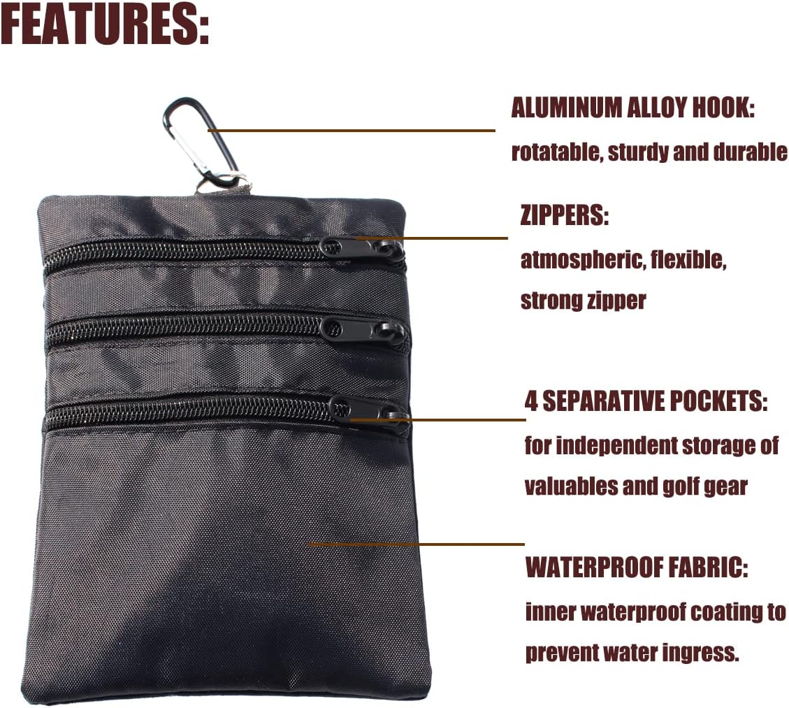 Golf valuables Pouch, Zipper Golf Ball Bag with 4 Pockets, Golf Accessories Pouch for Storing Balls,tees,Mobile Phone,Keys, Cards and Cash, Great Gift for Golfers