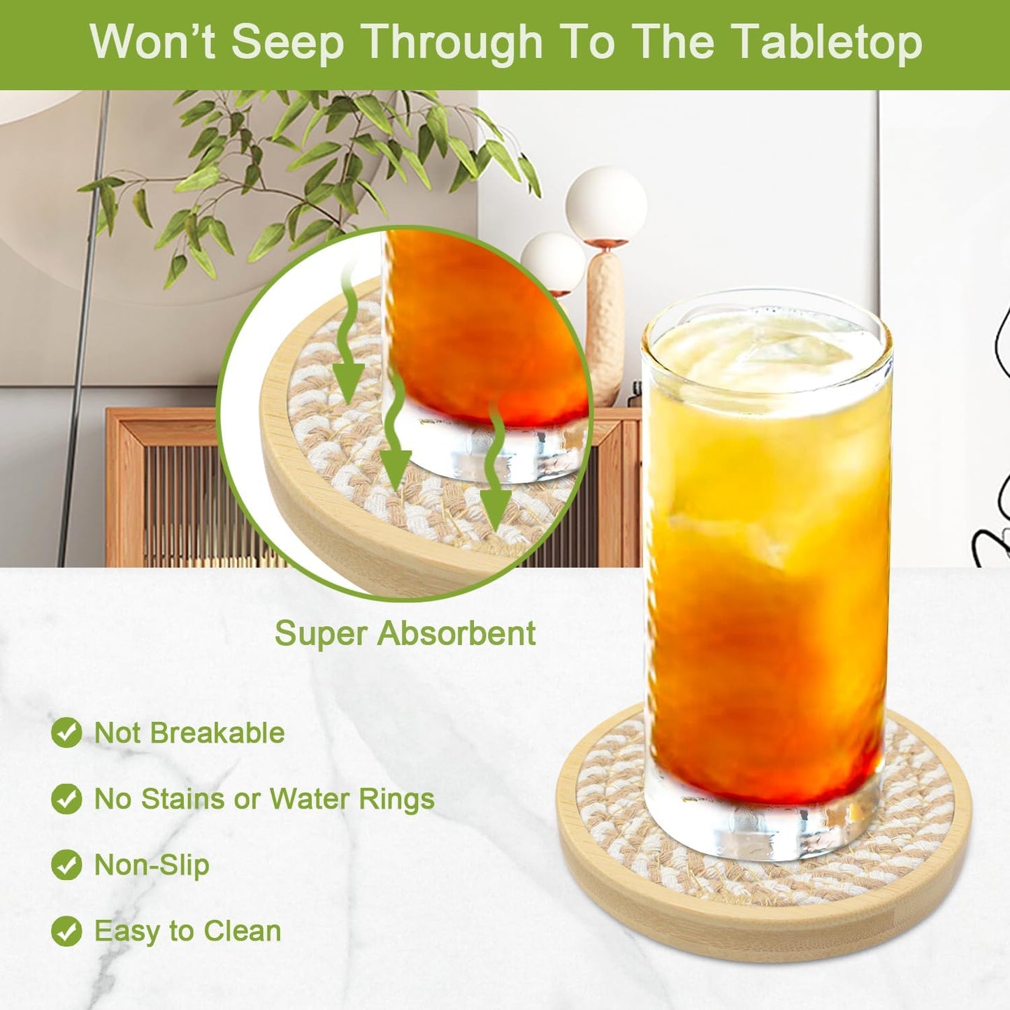 5 Pack Absorbent Coasters for Drinks, 4.3 Inches Cork for Coffee Tables, Wooden Drink Protection, Cute for Kitchen, Farmhouse, Bar, and Office (Light Brown)