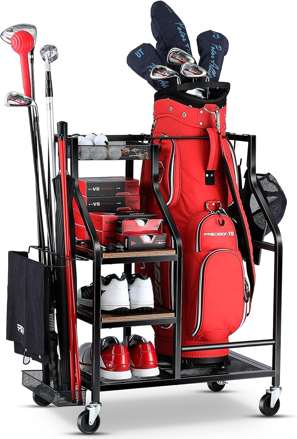 Golf Bags Storage Garage Organizer- Golf Bag Stand for Golf Bags, Clubs, Balls, Golf Equipment Accessories, Golf Bag Storage Rack with Wheels for Garage, Club, Basement