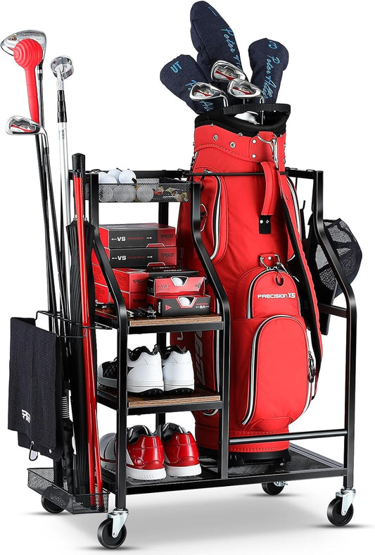 Golf Bags Storage Garage Organizer- Golf Bag Stand for Golf Bags, Clubs, Balls, Golf Equipment Accessories, Golf Bag Storage Rack with Wheels for Garage, Club, Basement