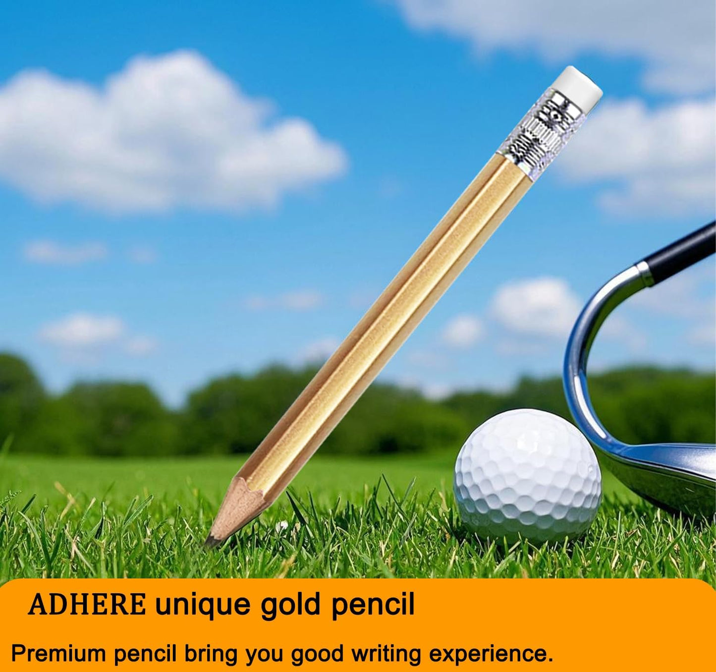 Adhere 50pcs Golf Pencils with eraser Hexagon Wooden Pencils Graphite 2B for Golf Event Scoring,Classroom,Wedding,Company Meetings,Pew, Pocket (z-Gold・Hexagon・50pcs)