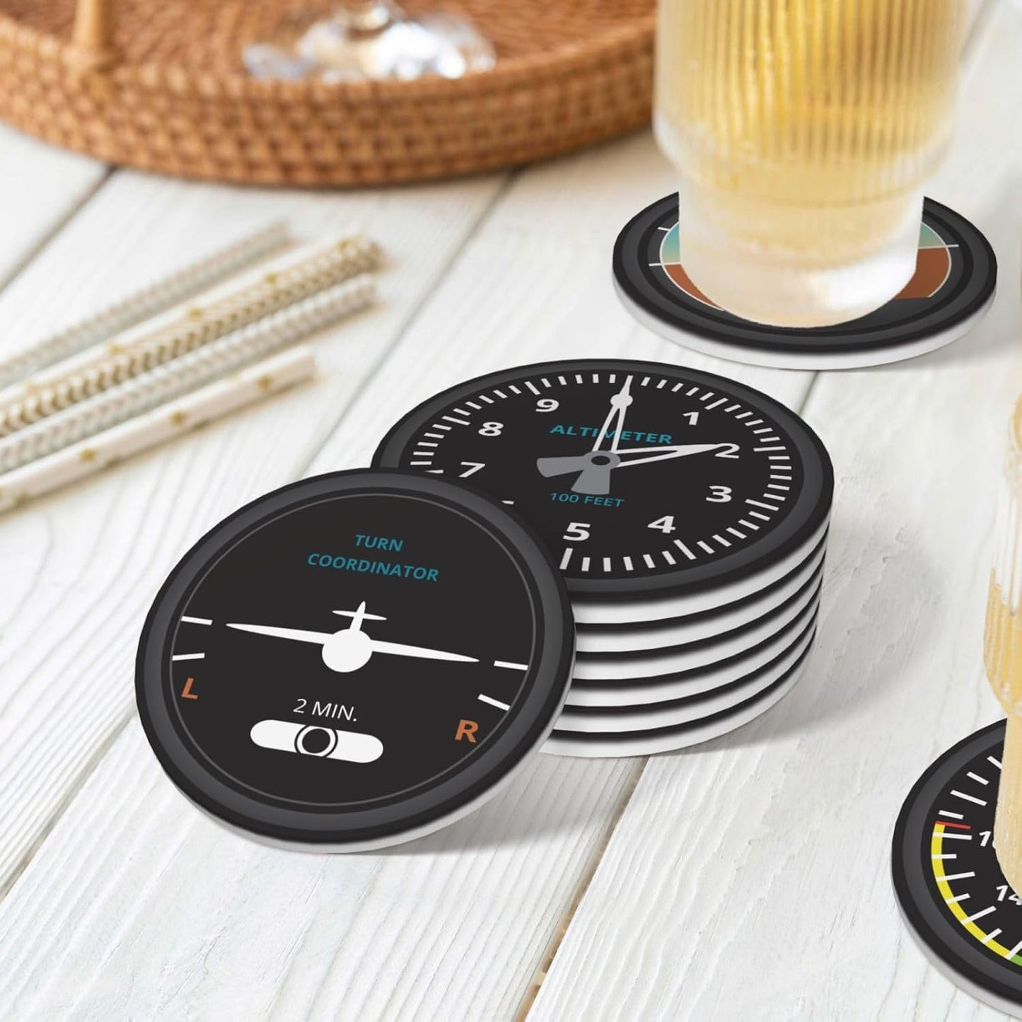 Aviation Absorbent Drink Coasters with Holder, Set of 6 Ceramic Coasters with Cork Base Pilot Gifts for Aviation Lovers