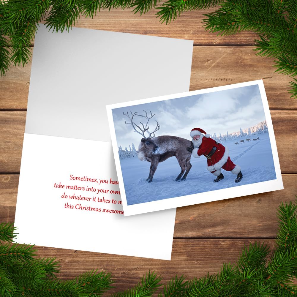 Photographic Christmas Cards, Santa Claus Pushing a Stubborn Reindeer (6 Cards with White Envelopes)