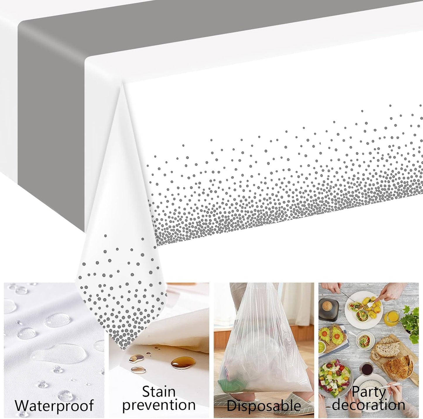 6 Pack Rectangle Plastic Dot Tablecloth Set, 54 X 108 Inch Plastic Table Cover, 12 x 108 Inch Satin Table Runners for Wedding Graduation Birthday New Year Party Decorations (White, Sliver)