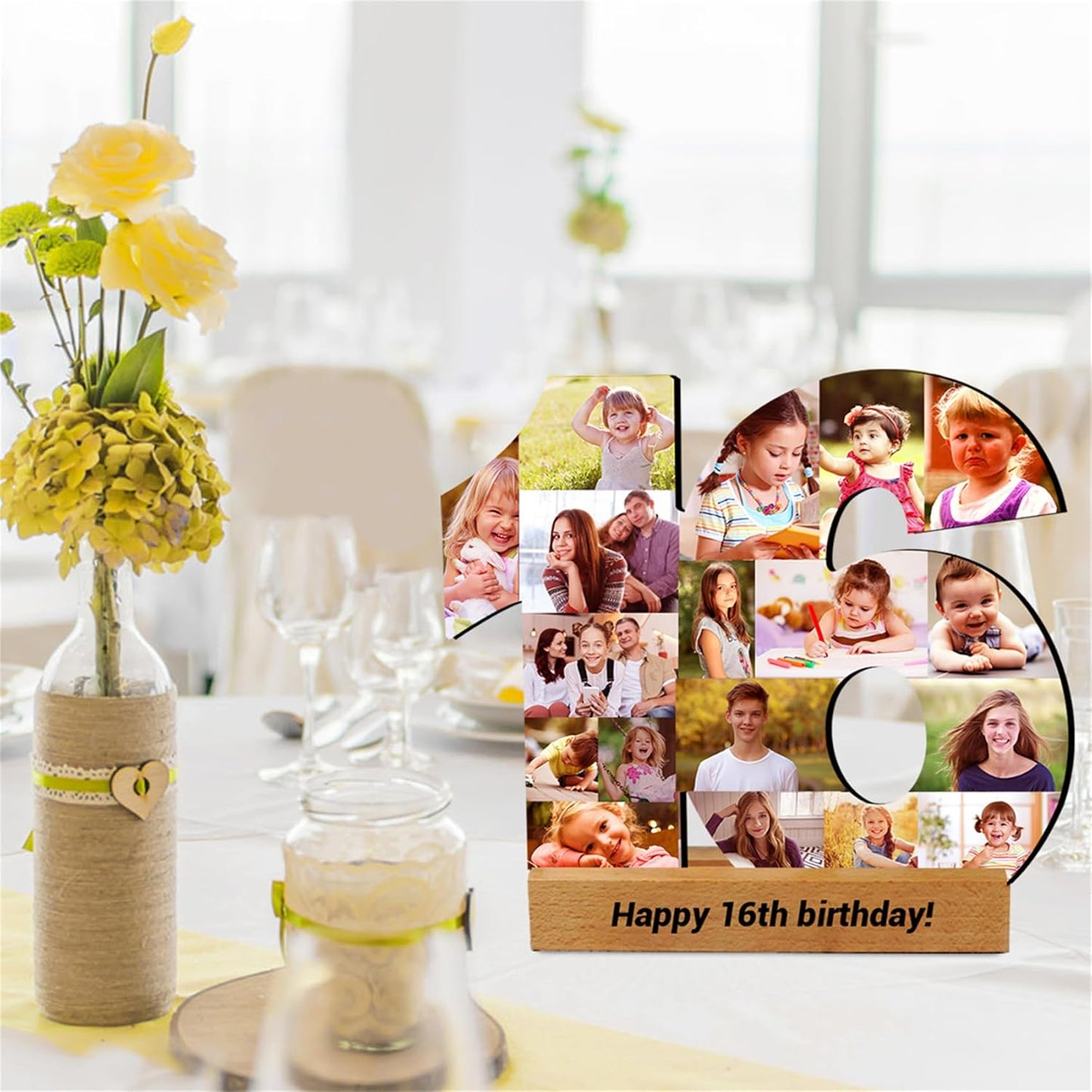 Personalized 16th Birthday Photo Frame Sign with 1-20 Picture Custom 50th Anniversary Picture Plaque Numbered Photo Collage 60 Anniversary Frame 18th Birthday Photo Sign,Wooden Base Birthday Frame