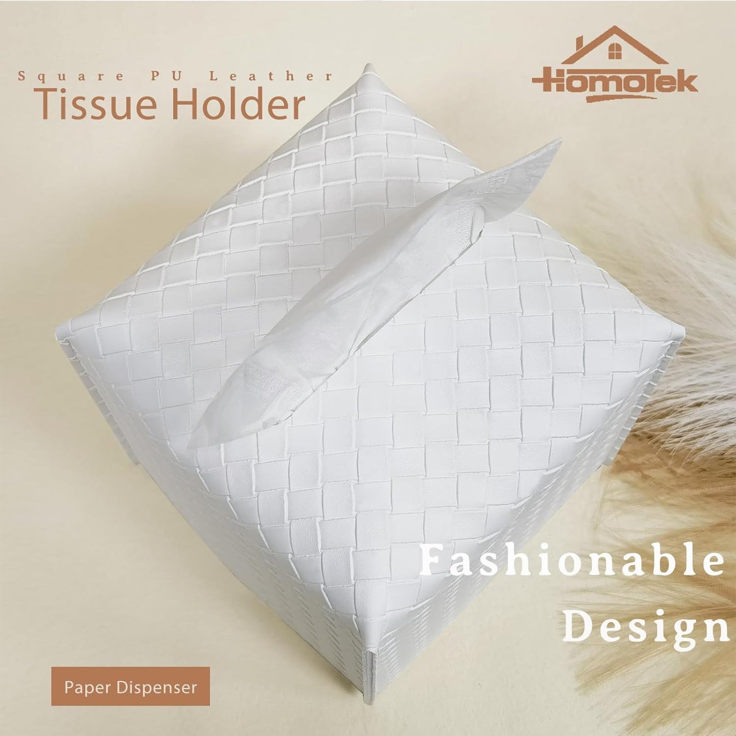 HOMOTEK 2 Pack Tissue Box Cover,PU Leather Tissue Holder,Square Decorative Facial Tissue Cube Paper Organizer Dispenser for Bathroom, Night Stands, Desk, Car 5X5X5'' - Woven Waffle, Pure White