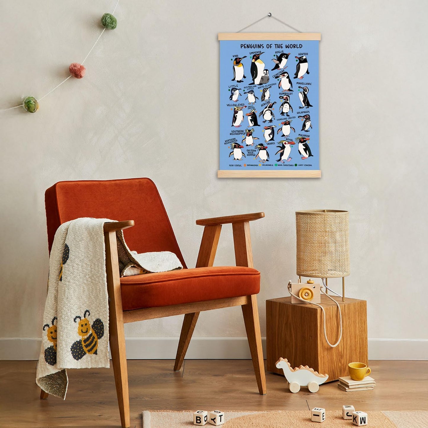 Penguin Wall Decor, Penguin of the World Wall Art With Wooden Poster Hanger, Nursery Wall Decor, Penguin Educational Chart Poster Decorations for Nursery Kids Room Classroom Playroom, 12.5x17 Inch