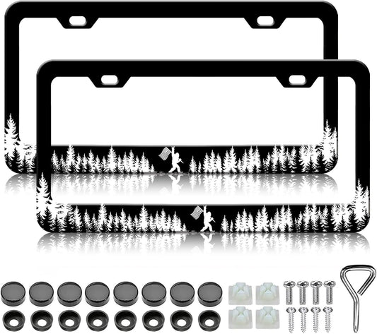 Coniferous Forest Bigfoot License Plate Frames - 2 Pack Front Rear Rock Black Cool License Plates Holder Covers, Aluminum Metal Rust-Proof Waterproof Car Tag Frame with Screws Fasteners Caps