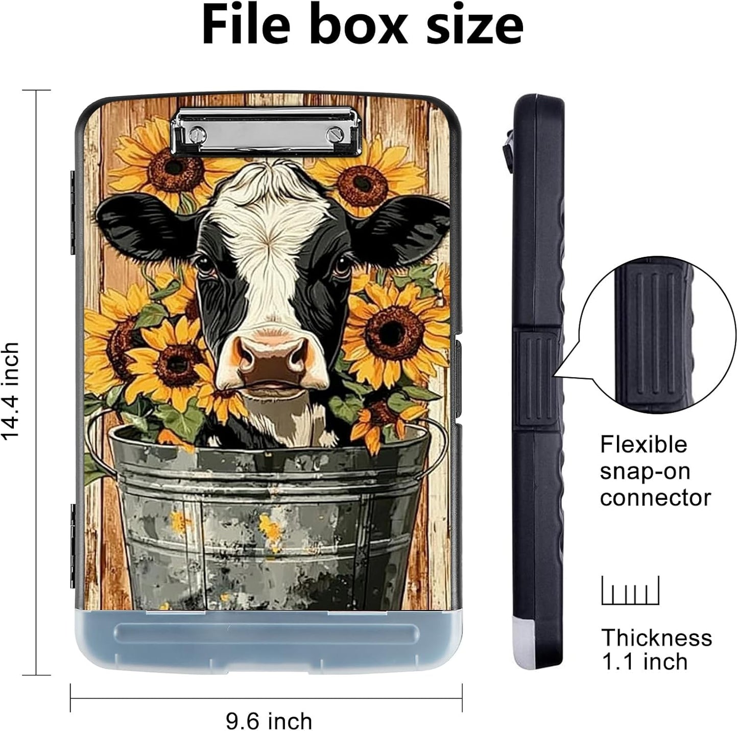 Clipboard with Storage - Large Capacity,Nursing Clipboard with Pen Holder,Heavy Duty,Plastic Side-Opening Folder for Teacher,Nurse - Cow Sunflower