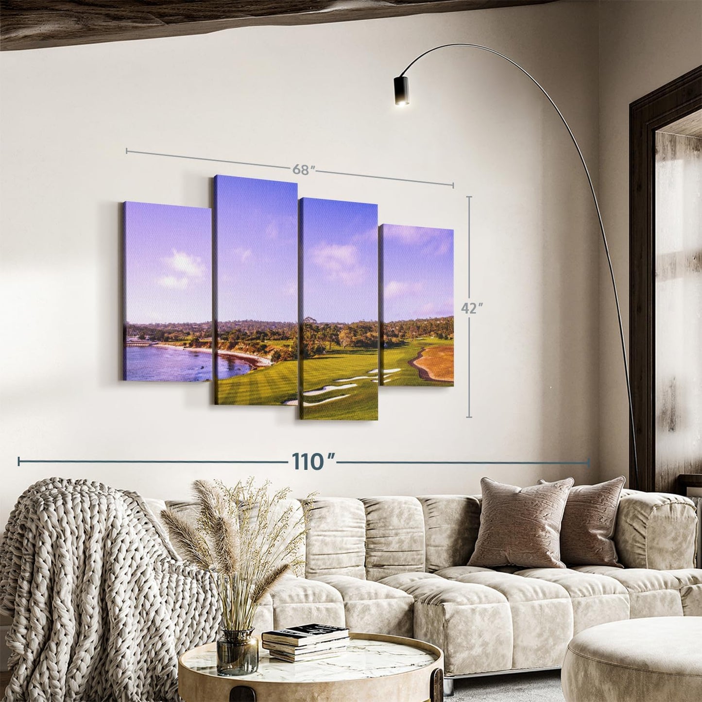 Elephant Stock Coastline Green Golf Course Wall Art - Horizontal Canvas - 4-Piece Living Room Wall Decor - Photography Sports Canvas Print - Blue and Gray Decor for Wall - 68" X 42"