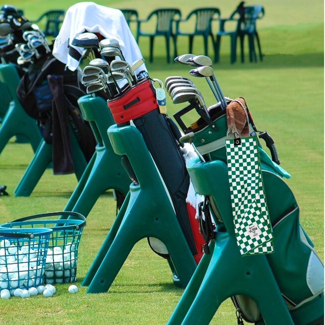 Against The Grain Microfiber Golf Towel with Clip - (12"x20") Green & White Checkered Design Golf Club Towel, Golf Towels for Golf Bags for Men & Women