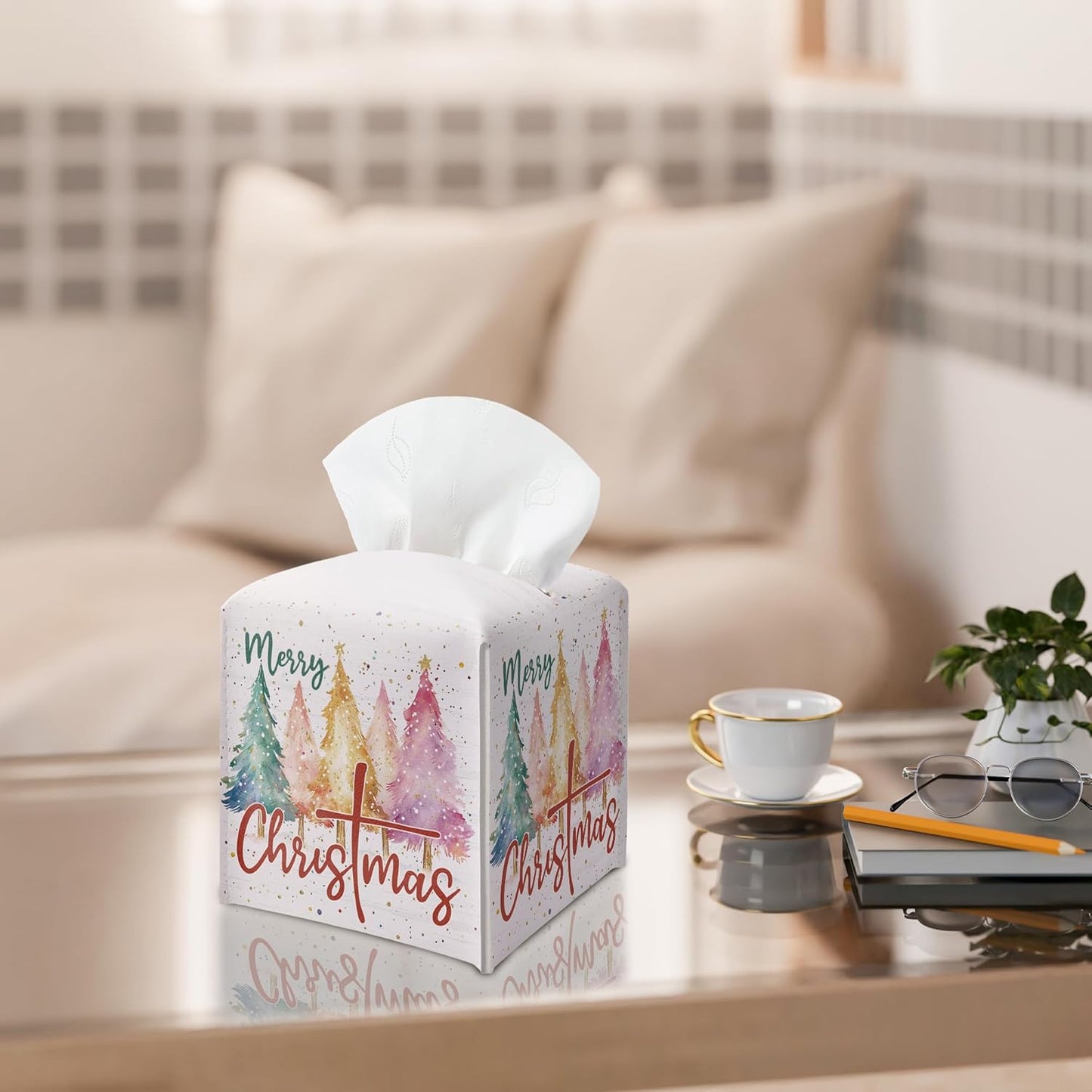Merry Christmas Tissue Box Holder, Colorful Christmas Tree Leather Tissue Box Cover Square, Paper Facial Decorative Tissues Cover for Night Stands Bathroom Kitchen Office Home Decor-B14