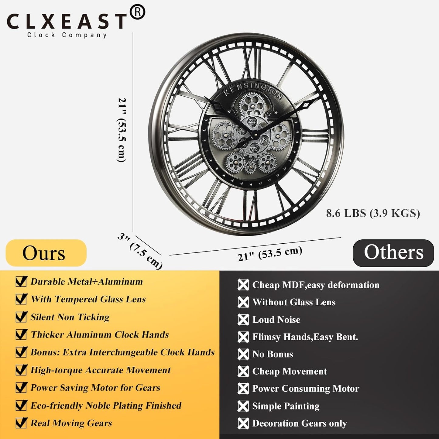 CLXEAST 21 Inch Modern Moving Gears Wall Clock for Living Room Decor,Industrial Steampunk Clocks for Farmhouse Home Decor,Roman Numerals,Gunmetal Nickel Finish