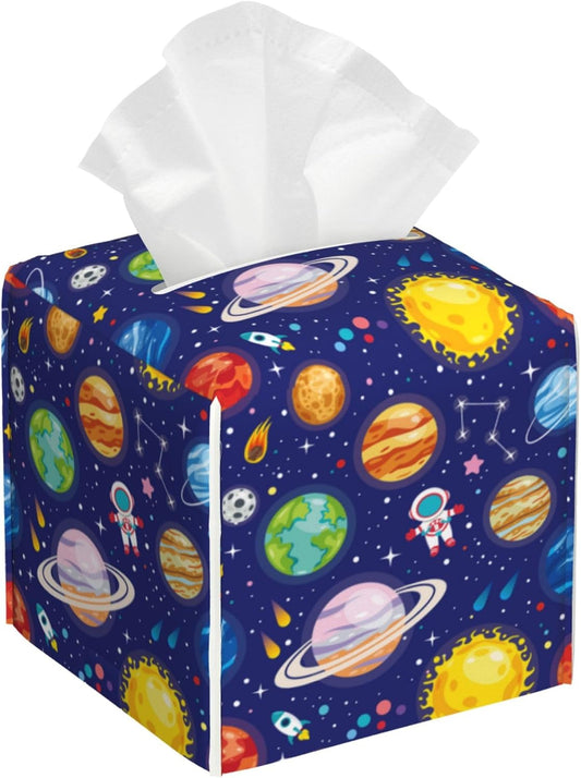 Leather Tissue Box Holder Solar System Universe Planet Tissue Box Cover Square Waterproof Tissue Holder Organizer Modern Napkin Holder for Bedroom Dresser Night Stand Office Desk