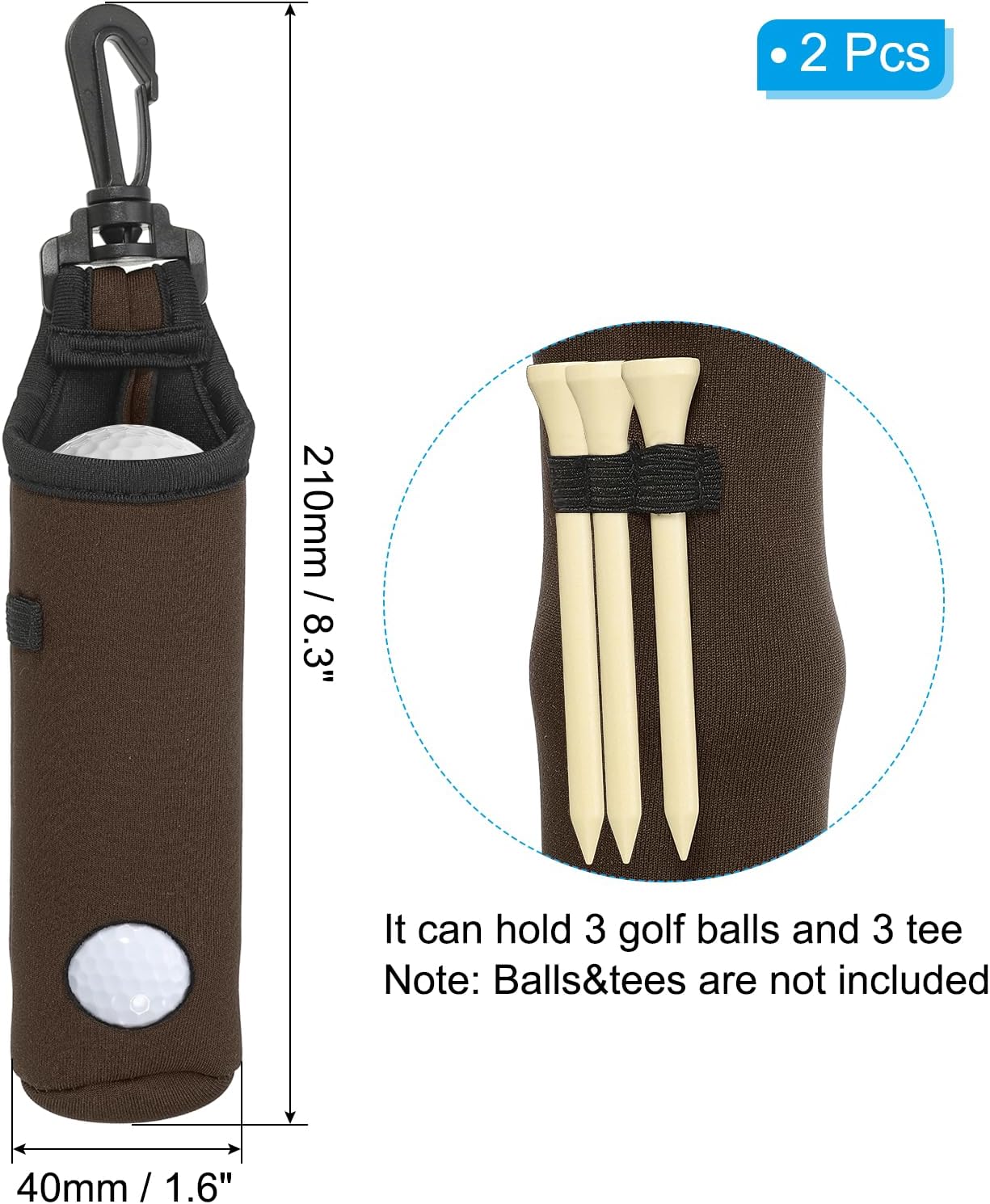 PATIKIL Golf Ball Carry Bag, 2 Pcs Golf Tee Holder Pouch Portable Neoprene Golf Ball Holder with Clip for Men and Women Storage Gifts, Brown