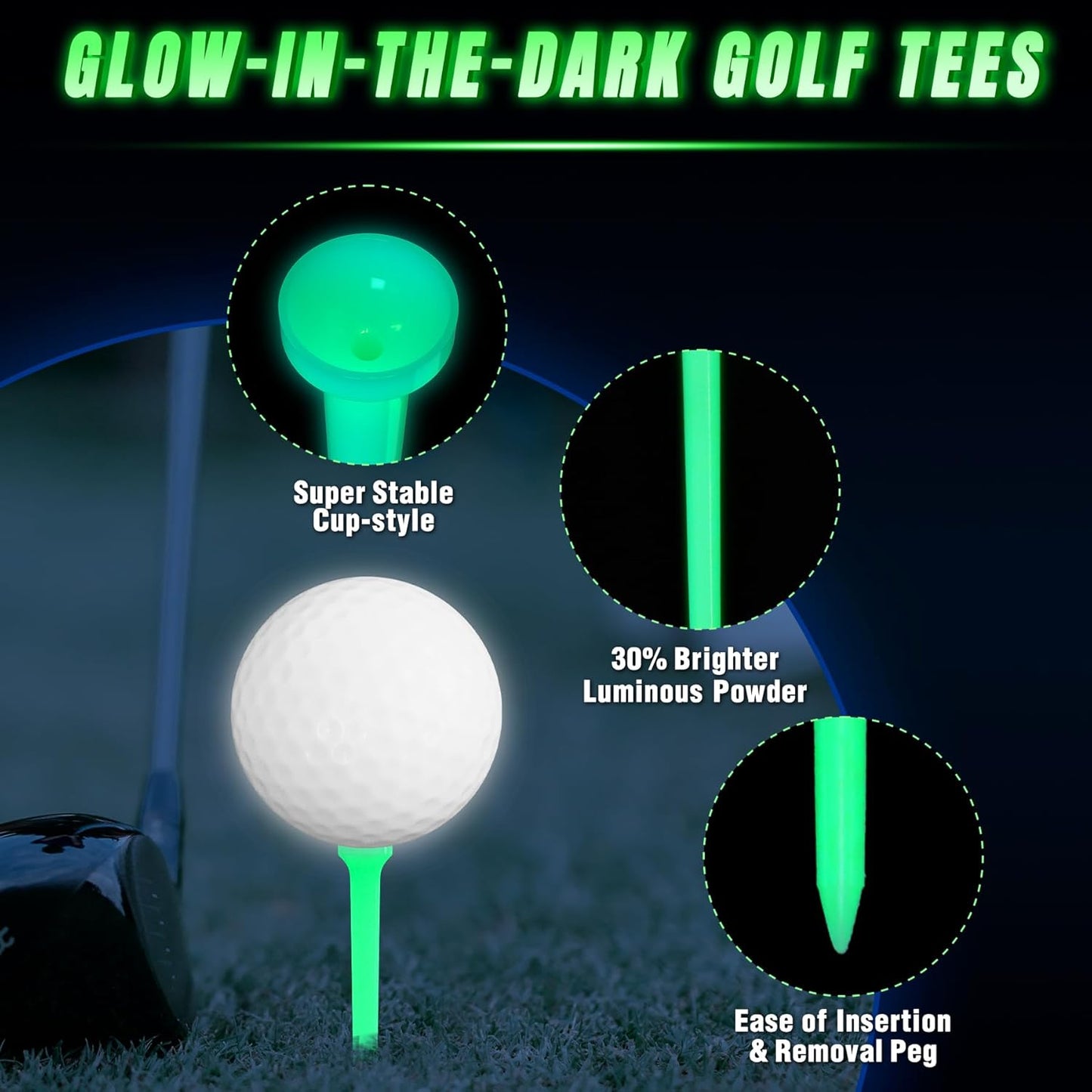 KINGTOP Glow-in-The-Dark Golf Tees, Fluorescent Green Light Up Golf Tee, Long-Lasting Illumination Perfect for Night Golf