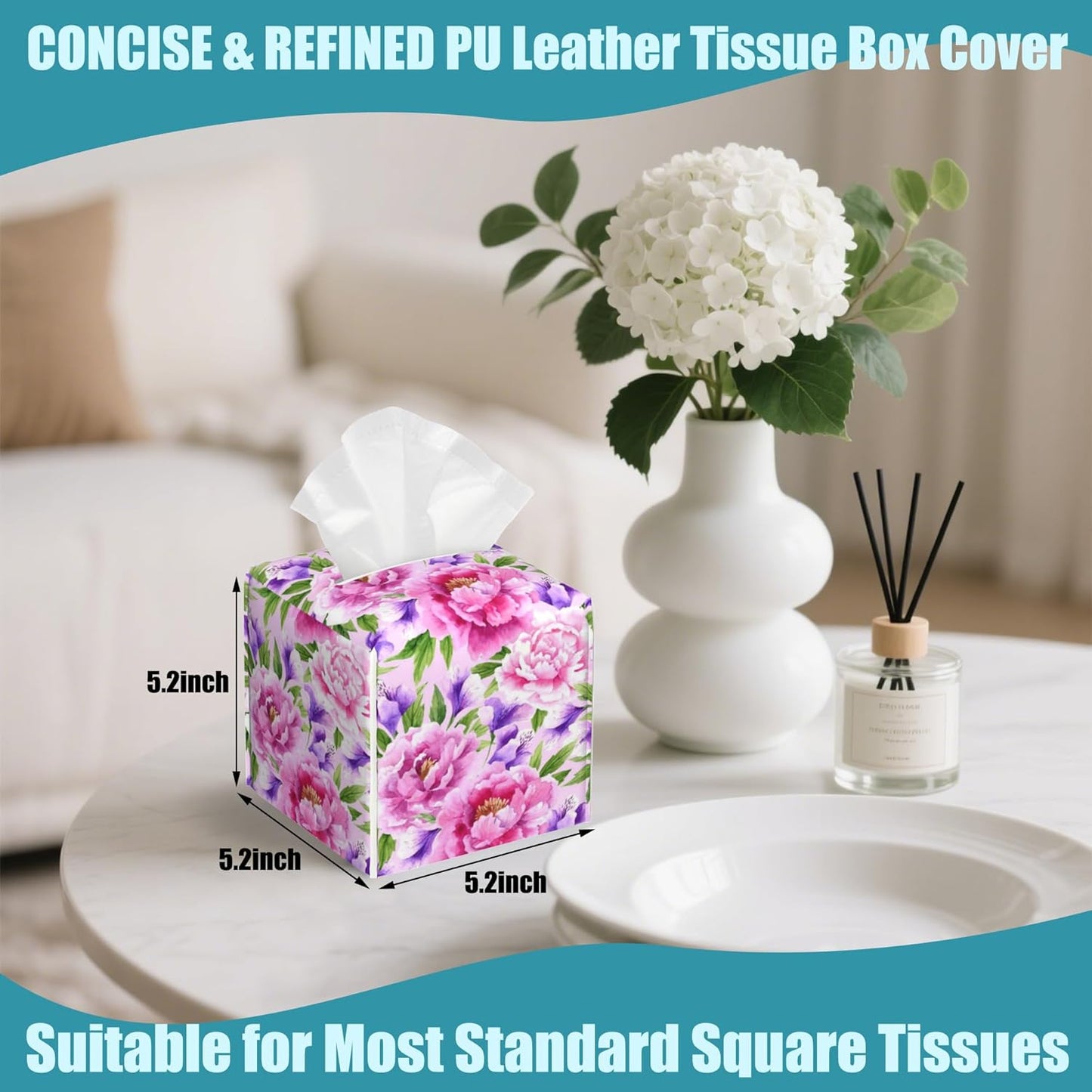 Watercolor Peonies Floral Leather Tissue Holder,Square Tissue Box Cover with Bottom Belt,Modern Decorative Facial Tissue Paper Cover for Car Bedroom Vanity Desk Office Table Top,5.2" x 5.2" x 5.2"