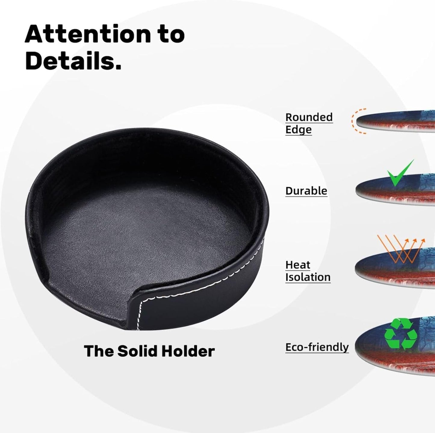 Autumn Forest Misty Road Landscape Coasters for Drinks Round Leather Coaster with Holder Set of 6 for Tabletop Protection Desk Accessories Office Home Room Decor