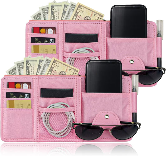 Keedolla 2 Pack Car Sun Visor Pocket Organizer, Auto Interior Accessories Car Truck Visor Organizer Storage Pouch Case Bag for Cards, Pens and Documents - Pink