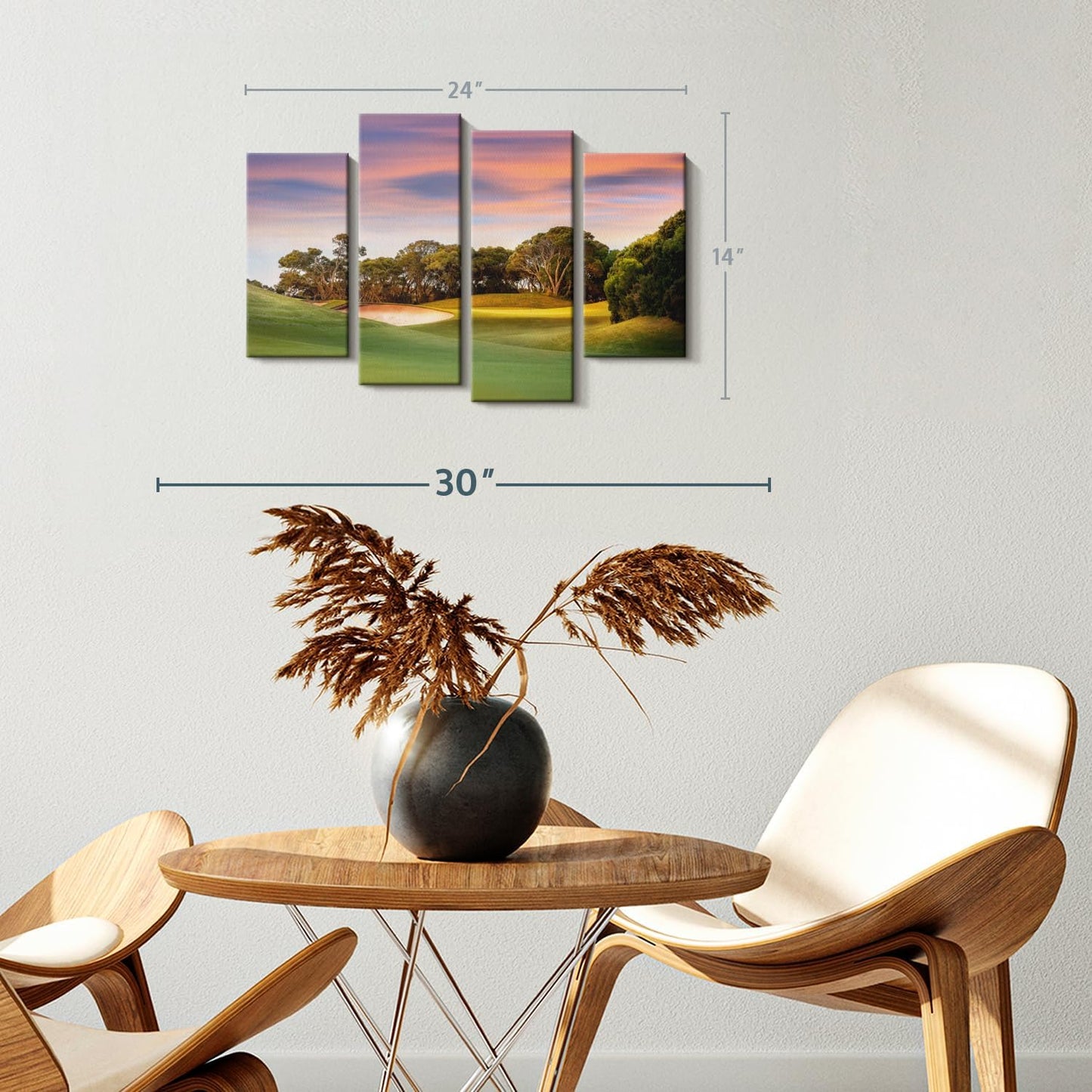 ElephantStock Golf Course Sundown Wall Art - Horizontal Canvas - 4-Piece Living Room Wall Decor - Photography Sports Canvas Print - Orange and Blue Decor for Wall - 24" X 14"
