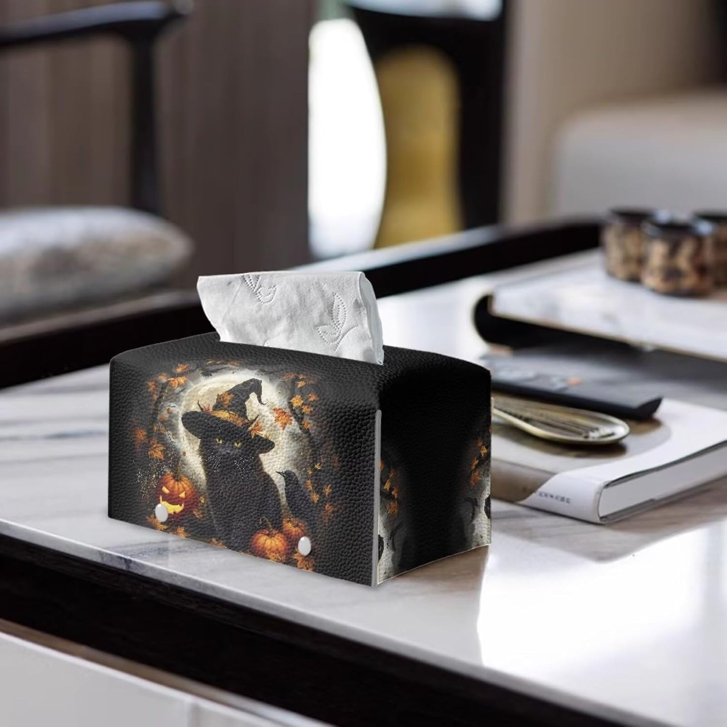 Fall Rectangle Tissue Box Cover with Storage Black Cat Pumpkin Print Tissue Holder for Bathroom Gothic Tissue Box Holder for Home, Car, Hotel, Office Easy to Clean