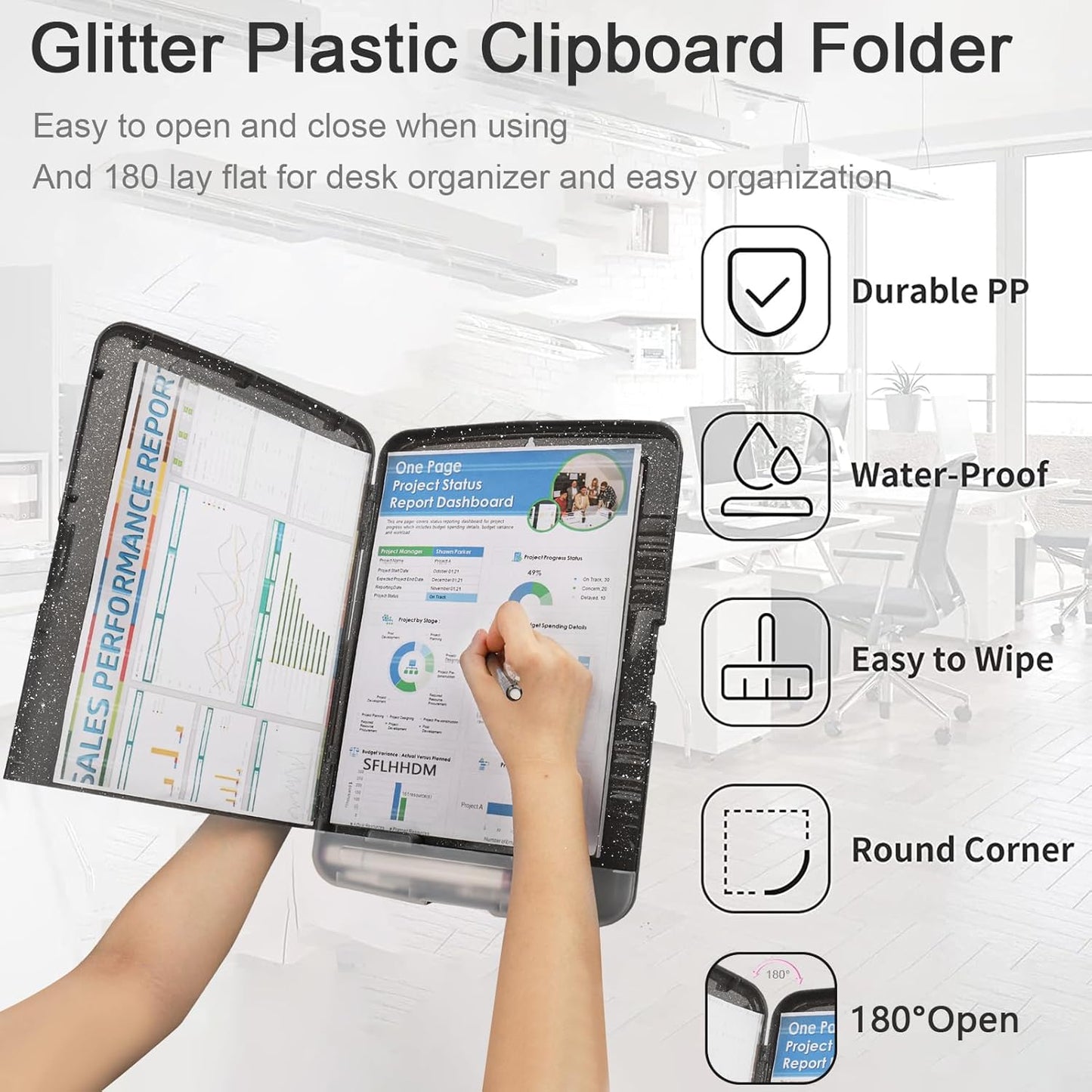 Glitter Clipboard with Storage,Storage Clipboard with Pen Holder,A4 Binder Clip Boards 8.5x11 with Low Profile Clip,Side Opening Sparkle Clipboards,Plastic Clipboards Folder for Office Supplies-Black