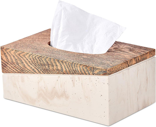 Rectangular Natural Travertine and Rustic Wood Textures Tissue Box Cover for Bathroom,Livingroom,Bedroom, Hand-Made Resin Wood Inlaid Travertine Tissue Box Holder,10 x 5.7 x 4.5 in