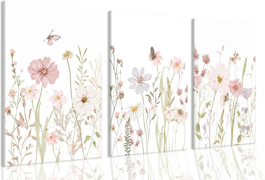 MTFBWY Floral Canvas Wall Art Flower Framed Art Prints Set of 3 Pink Wildflower Printing Botanical Nursery Pictures Wall Decor Artwork for Living Room Bedroom Bathroom 12x16in