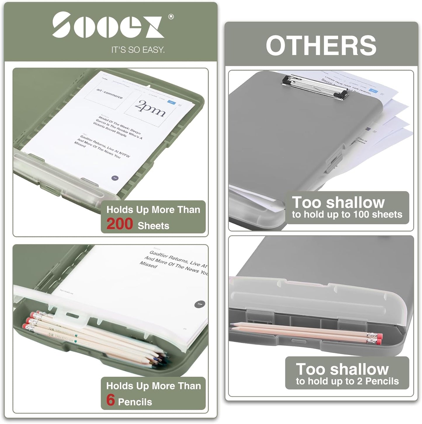 Sooez Clipboard with Storage, High Capacity Nursing Clipboard with Pen Holder, Clip Boards 8.5x11 with Storage, Low-Profile Clip, Lightweight Plastic Clipboard for Teachers, Lawers, Office Workers