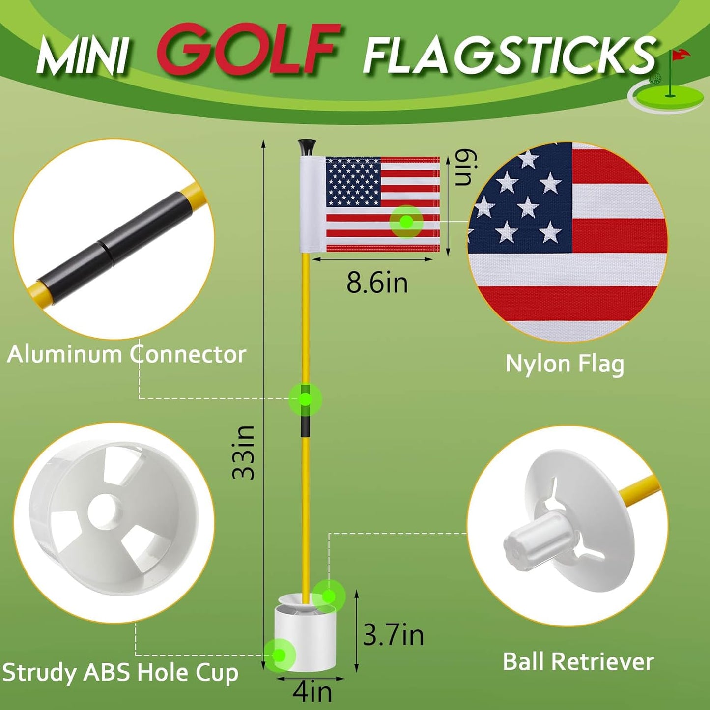 Meooeck 2 Pack Golf Flagstick 3ft Putting Green Pin Flag and Hole Cup Set for Yard Portable 2 Section Fiberglass Mini Golf Set for Driving Range Backyard, Double-side American Flag