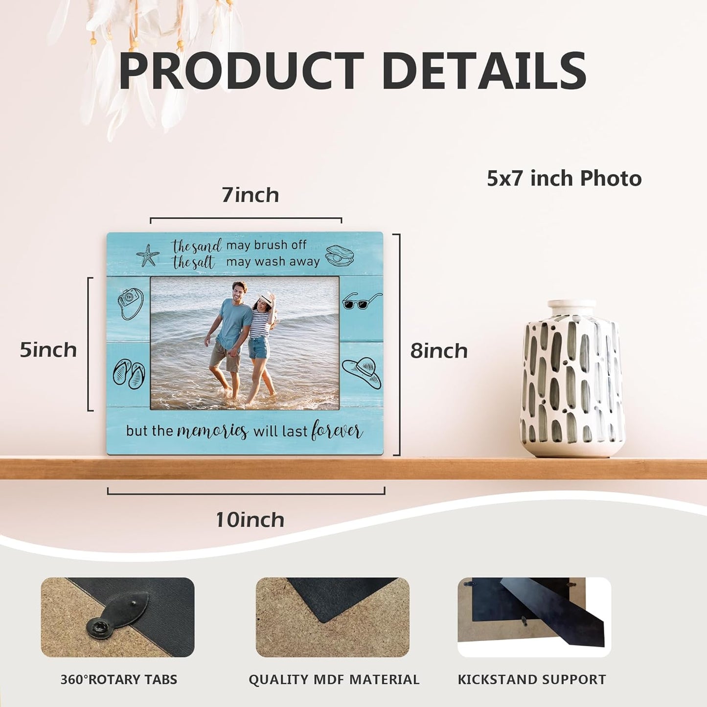 Beach Picture Frame 5x7, Coastal Photo Frame, Beach Vocation Gifts for BeachLovers Women, The Memories will Last Forever Nautical Holiday Wooden Picture Photo Frames for Desk Home Room Decor