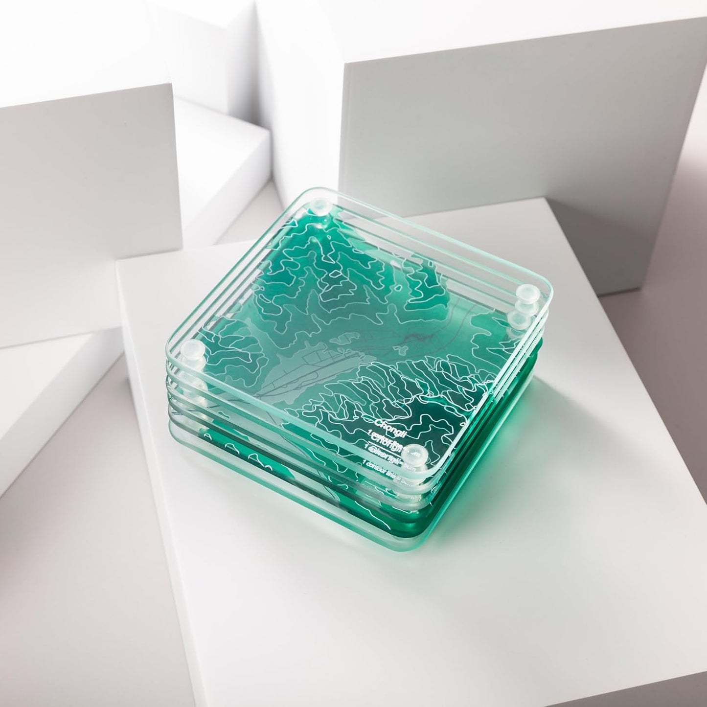 Chongli, HB 3D Contour Map Glass Drink Coasters of Mountains, Ski Resort, Set of 6 with Holder, Housewarming Birthday Gifts, Home Decor