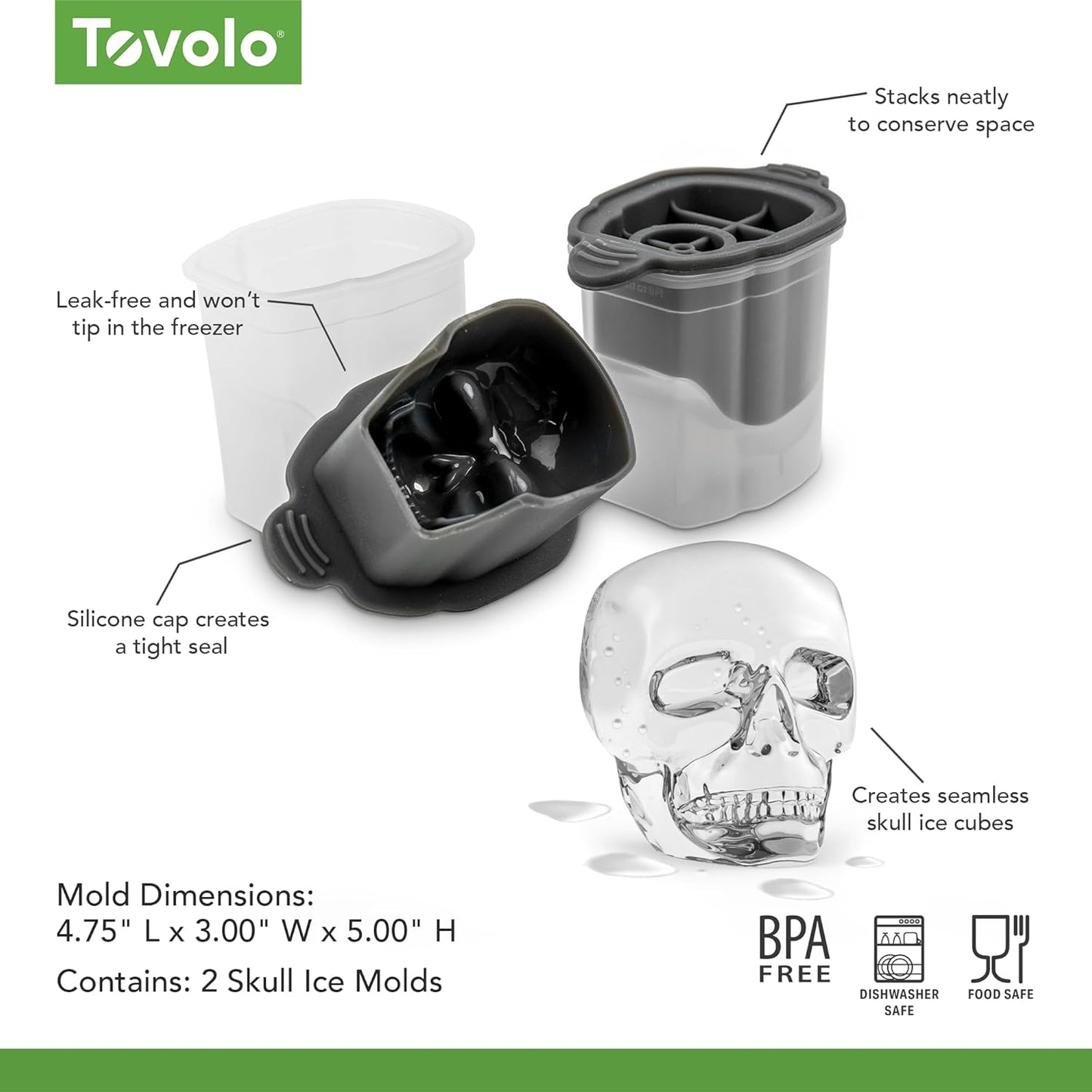Tovolo Skull Shaped Ice Molds, Set of 2 - Large Skull Ice Mold Gift - Unique Ice Mold Chills Drinks - Odor-Free Freezer Storage, Dishwasher-Safe