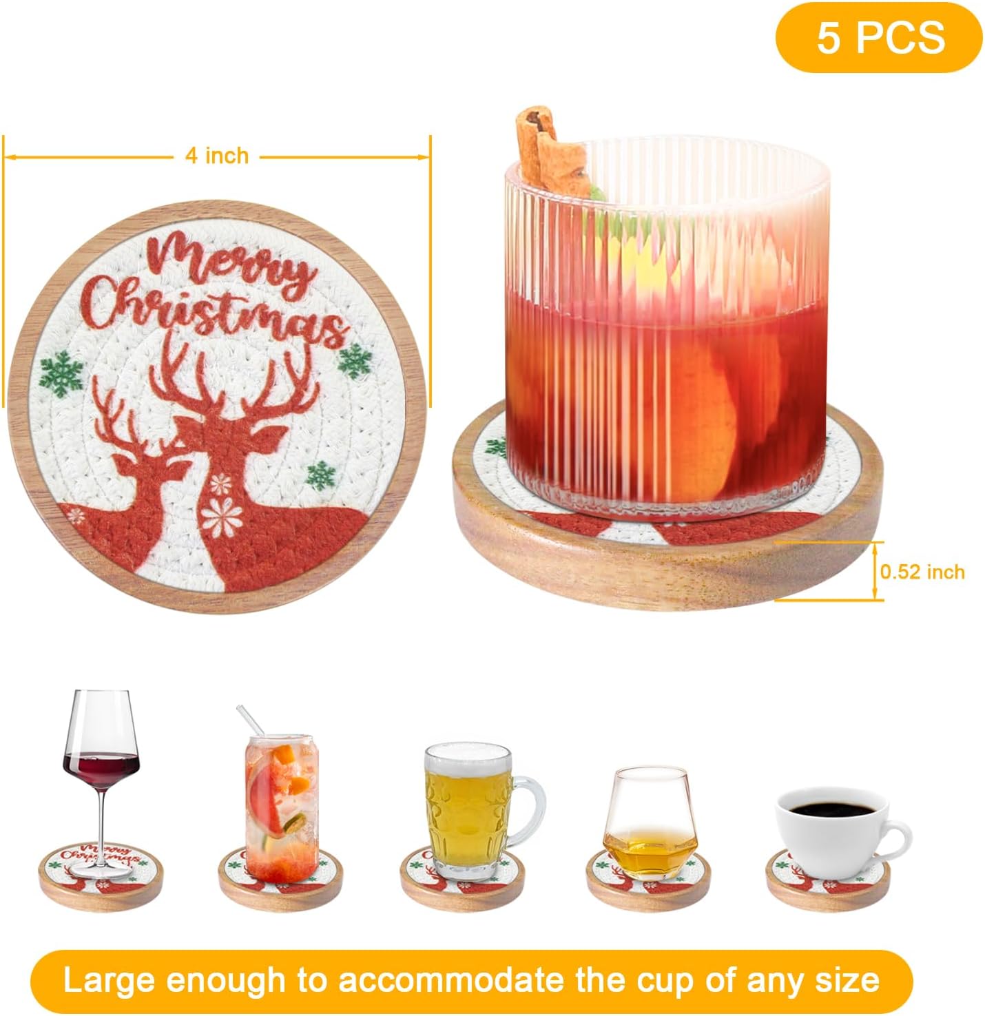 Christmas Coasters Set of 5, Eykao Wood Coasters for Drinks, for Home Decor, Absorbent Coaster for Hot or Cold, Non-Slip, Non-Stick, 4 inches