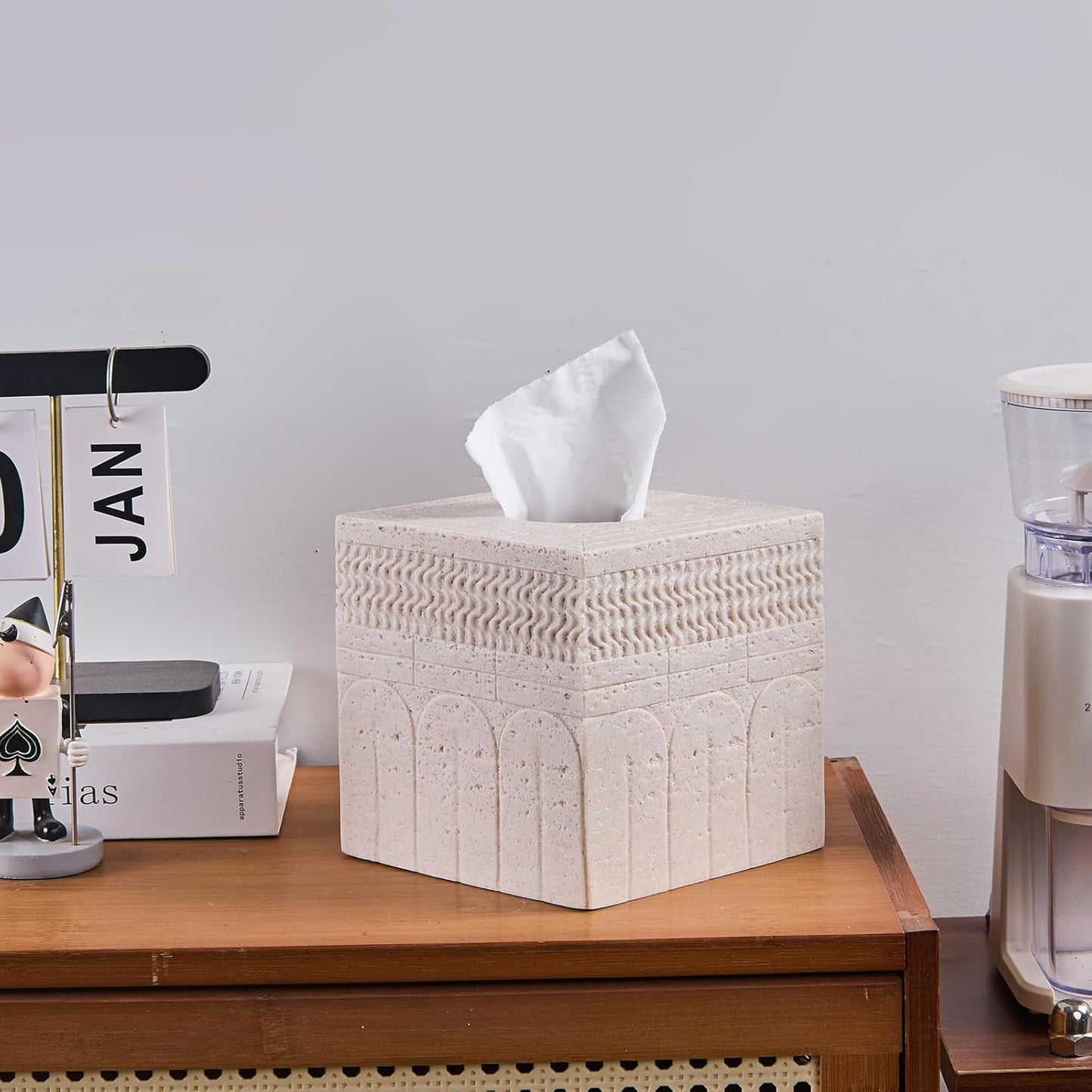 Sandstone Carved Pattern Tissue Box Cover – Modern Resin Cube Holder for Bathroom, Bedroom, Office – Decorative Square Tissue Box for Countertop, Nightstand, Vanity & Desk – Heavy&Sturdy