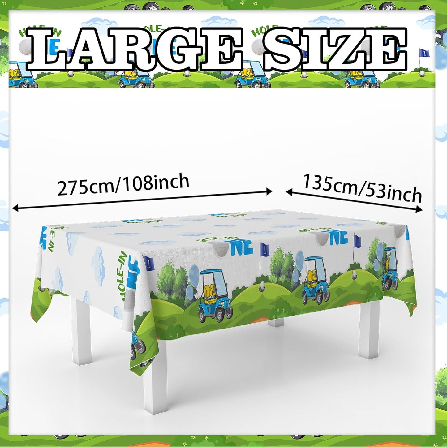 Golf Tablecloths Hole-in One Waterproof Table Covers for Golf Theme Party Baby Shower Kids 1st Birthday Sport Events Decorations Dinner Banquet Supplies 53x108 Inch