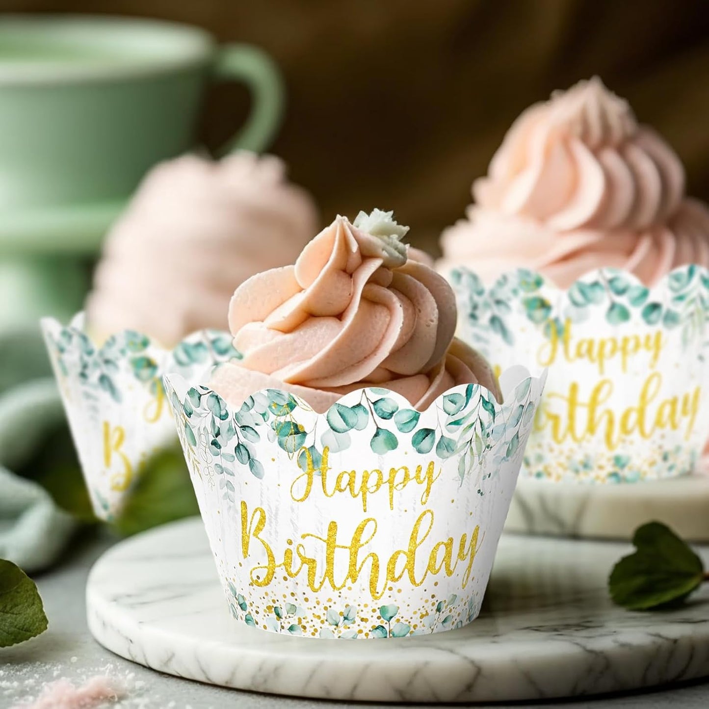 Whaline 36Pcs Happy Birthday Cupcake Wrappers Sage Green Eucalyptus Cupcake Liners Glitter Gold Birthday Decorative Cupcake Holders for Baby Shower Party Cake Decoration
