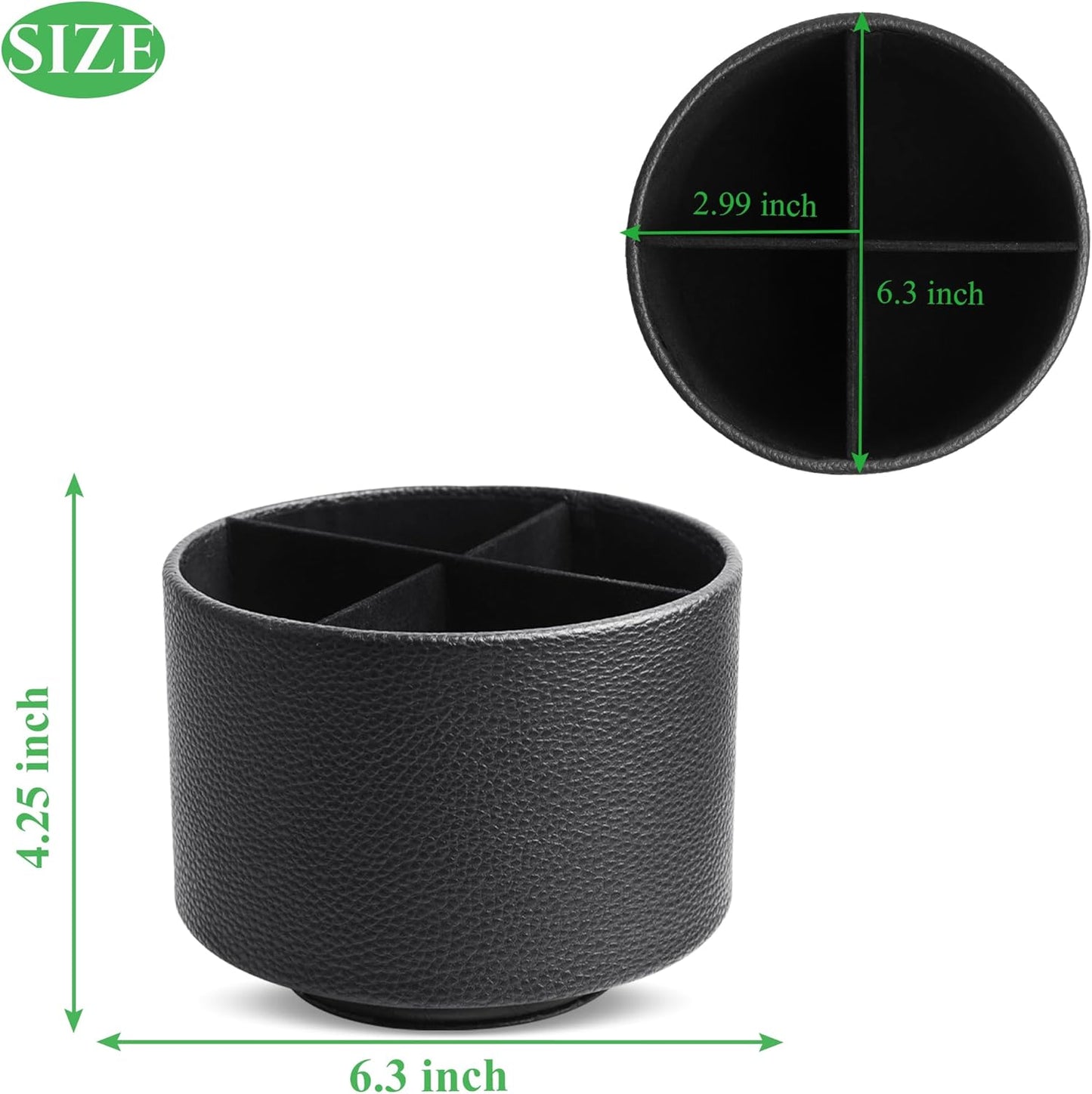 Hennaja Round Leather Art Supply Organizer,Remote Control Holder,360 Degree Spinning,Multi-Functional Pencil Holder,4 Compartments Desktop Stationary Organizer(1-Lichee Black)