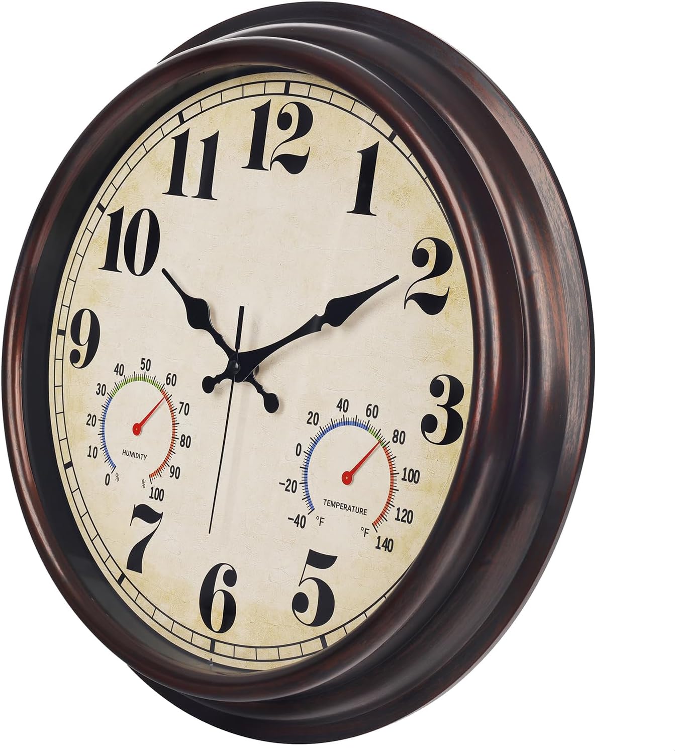 JENLYSTIME 16 Inch Dark Brown Vintage Wall Clock with Thermometer & Hygrometer - Waterproof Decorative Indoor/Outdoor Clock with Large Numerals & Silent Sweep Movement - Ideal for Porch, Garden, Pool